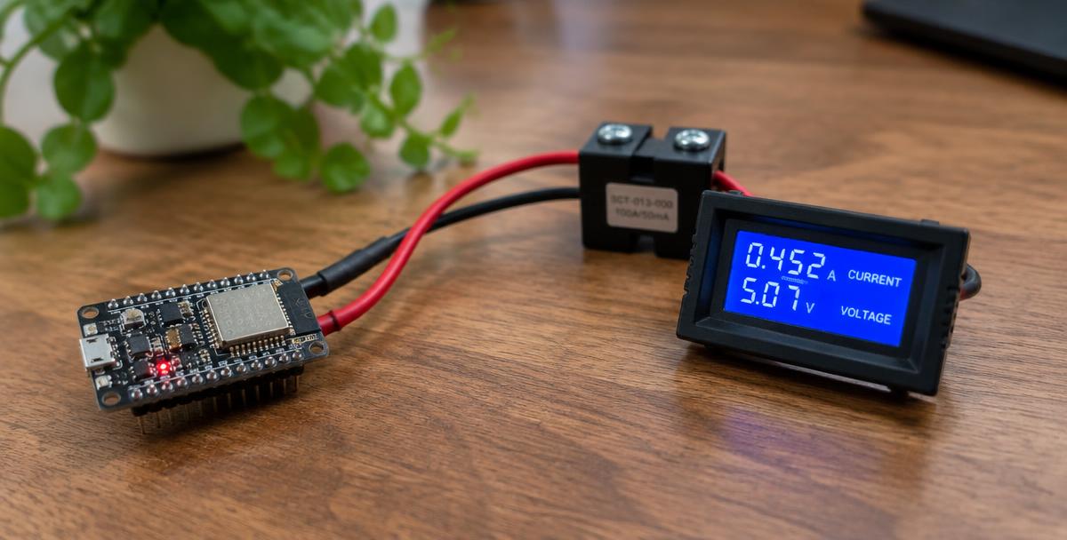 Microcontroller board wired to a current sensor display